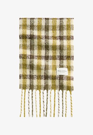 Wollschal mit einem karierten Muster in Gelb, Grün, Braun und Creme, versehen mit verdrehten Fransen und einem Etikett auf einer Seite.