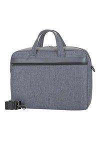 Grijze stoffen laptoptas met twee handvatten bovenaan, een voering met rits aan de voorkant en een verstelbare schouderband. Heeft een textuur materiaal en een gestroomlijnd ontwerp.