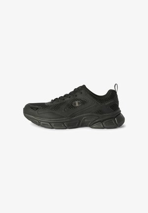 Zwarte sportieve sneaker met mesh en synthetische bovenkant, chunky zool, vetersluiting en gebrand logo aan de zijkant en op het hieltrekbandje.