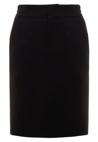 Černá tužková sukně s přiléhavým střihem, hladkým materiálem, pasem a dvěma bočními kapsami. Sukně má střední délku a čistý lem.