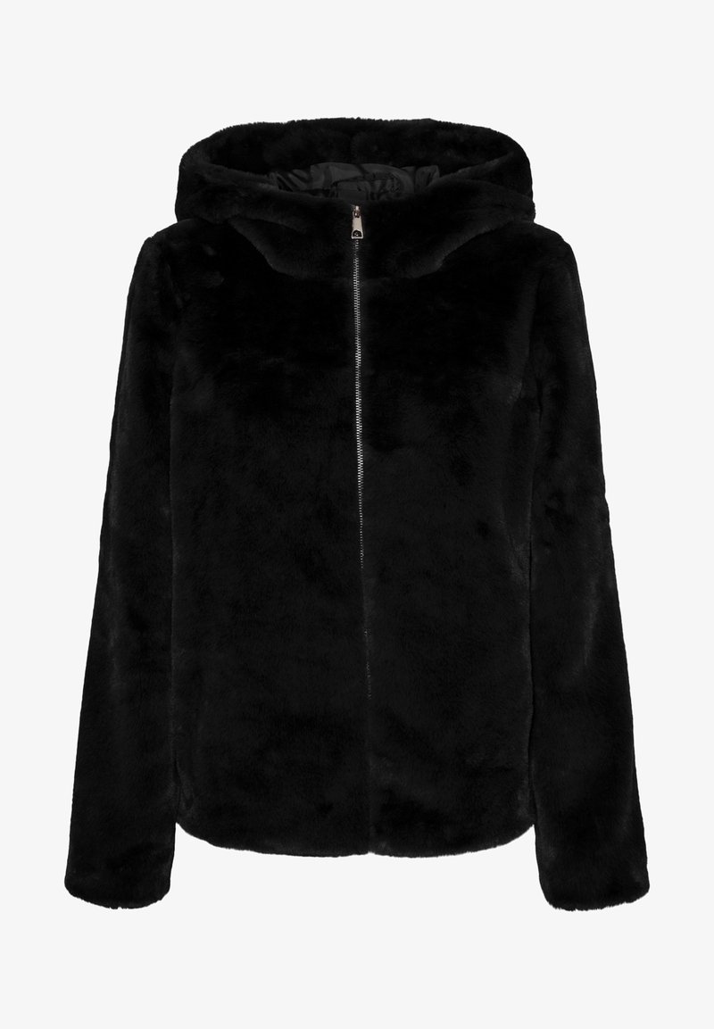 Veste à capuche en fausse fourrure noire avec fermeture éclair devant, manches longues et texture douce et pelucheuse.