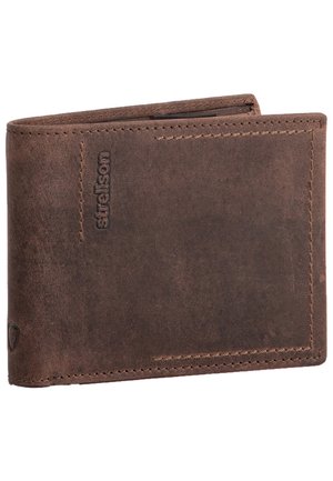 Brun læderpung med tekstureret overflade, delt design, præget logo og syede kanter. Har en lomme til kort og kontanter.