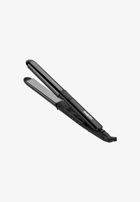 Plancha de pelo negra con un diseño elegante y plano, placas suaves y controles de botón en el mango para el ajuste de temperatura.