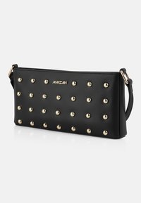 Black leather handbag with gold-tone studs, featuring a rectangular shape and a short handle, designed with a logo at the front.