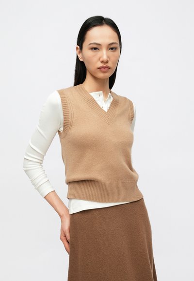 Pika tumedate juustega naine, kes kannab beežikat varrukateta V-kaelusega kampsunit valge pika varrukaga särgi ja pruuni seeliku kohal, poseerides ühevärvilise tausta ees.