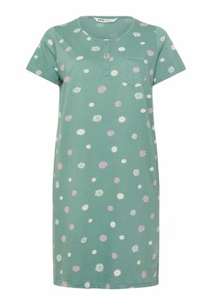 Groene jurk met korte mouwen, bedrukt met roze en witte madeliefjes, ronde halslijn, knopen aan de voorkant en een klein borstzakje.