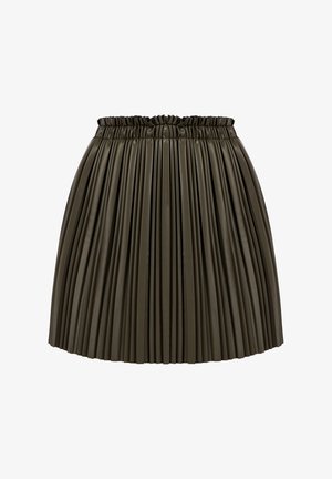 Khaki színű, ráncolt műbőr szoknya rugalmas derékkal, éles redőkkel és sima, fényes felülettel.