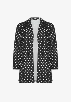 Zwarte open-front blazer met witte polkadots, lange mouwen en een getailleerd kraag.