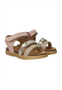 Roze sandalen met textuurstrappen, metalen accenten en decoratieve perles. Rubberen zool met lichtbruine, textuur voetbed voor comfort.