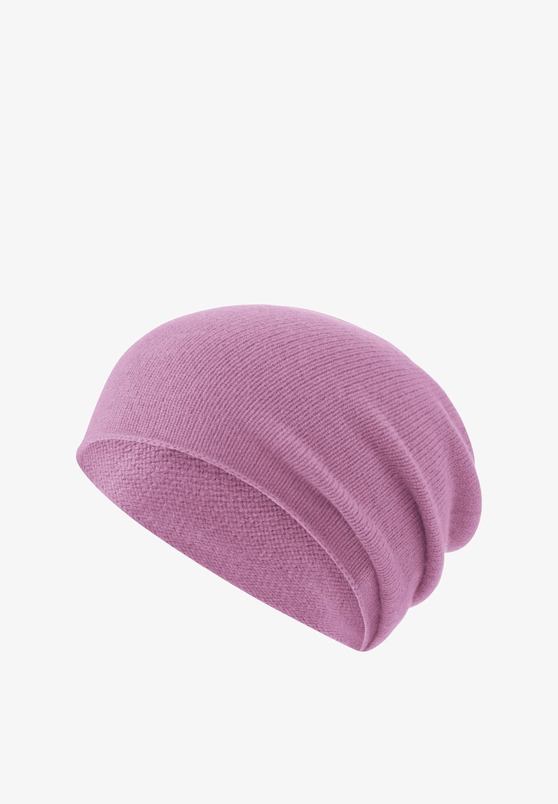 Cappello beanie rosa chiaro realizzato in morbido tessuto knit, caratterizzato da un design slouchy con un motivo testurizzato e bordi senza cuciture.