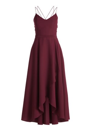 Burgunderfarbendes Kleid mit tiefem V-Ausschnitt, dünnen Spaghettiträgern und asymmetrischem Rüschensaum. Hergestellt aus leichtem Stoff.