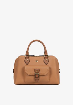 Hellbraune Lederhandtasche mit einer Fronttasche, die mit einer Schnalle gesichert ist, doppelten oberen Griffen und goldfarbenen Metallakzenten.