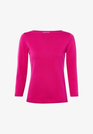 Jasnoróżowy sweter z długim rękawem, z dekoltem w łódkę oraz ściągaczami przy mankietach i na dole, przedstawiony na białym tle.