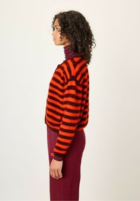 Pull en laine rayé rouge et noir avec un design court, doté d'un col rond et de poignets côtelés, porté par-dessus un haut à col roulé bordeaux.