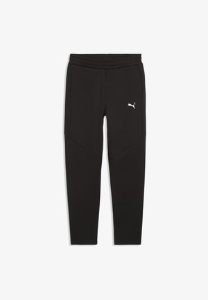 Czarne sportowe spodnie zwężane z bocznymi kieszeniami i białym logo Puma na lewej udzie, prezentowane na białym tle.