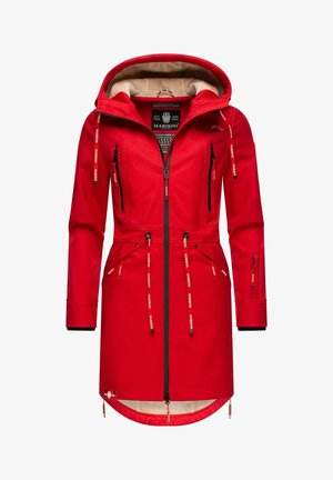 Punane veekindel jakk, millel on karvane kapuuts, mitmed tõmblukud ja reguleeritavad nöörid. Omab küljetaskuid ja kõverat äärt.