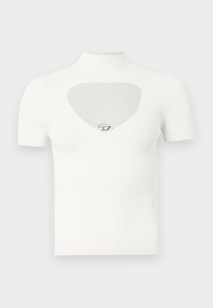 Top bianco a maniche corte con coste, collo alto corto e ritaglio a forma di cuore sul petto, decorato con un dettaglio argentato al centro.