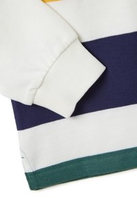Langsleeve shirt met witte, gele, marineblauwe, groene en paarse strepen. Ribgebreide manchetten en zoom met een gladde katoenen textuur. Naaddetails zichtbaar.