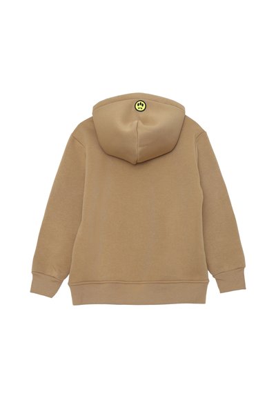 Felpa beige con cappuccio regolabile, polsini e orlo a coste. Presenta un logo circolare nero e giallo sulla parte posteriore del cappuccio. Materiale morbido.