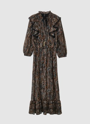 Robe maxi marron foncé avec un motif cachemire. Caractérisée par des manches volantées, une taille cintrée et un ourlet volanté. Confectionnée en tissu léger.