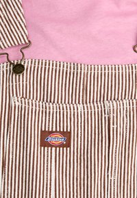 Overoles a rayas marrones y blancas con un bolsillo y herrajes metálicos. Camisa rosa visible debajo. Parche del logo de Dickies en la parte inferior izquierda.