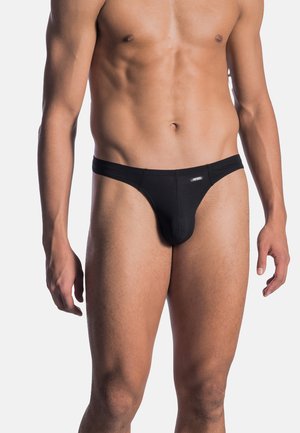 Schwarze Herren-Thong, hergestellt aus glattem Stoff. Bietet eine enge Passform mit einer konturierten Tasche. Minimalistisches Design mit einem Logo-Akzent am Bund.