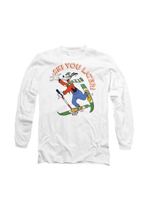White long-sleeve shirt with cartoon dog skiing, wearing a green hat and scarf, orange sweater, and blue pants with text "SKI YOU LATER!" above.