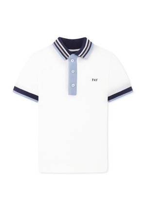 Polo bianco con colletto e polsini a righe blu navy e azzurro chiaro. Presenta tre bottoni e il logo "FAY" sul petto.