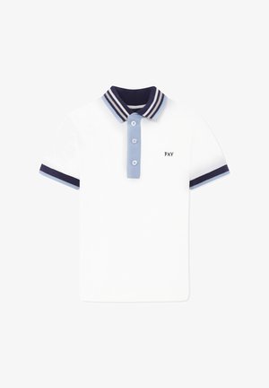 Polo bianco con colletto e polsini a righe blu navy e azzurro chiaro. Presenta tre bottoni e il logo "FAY" sul petto.