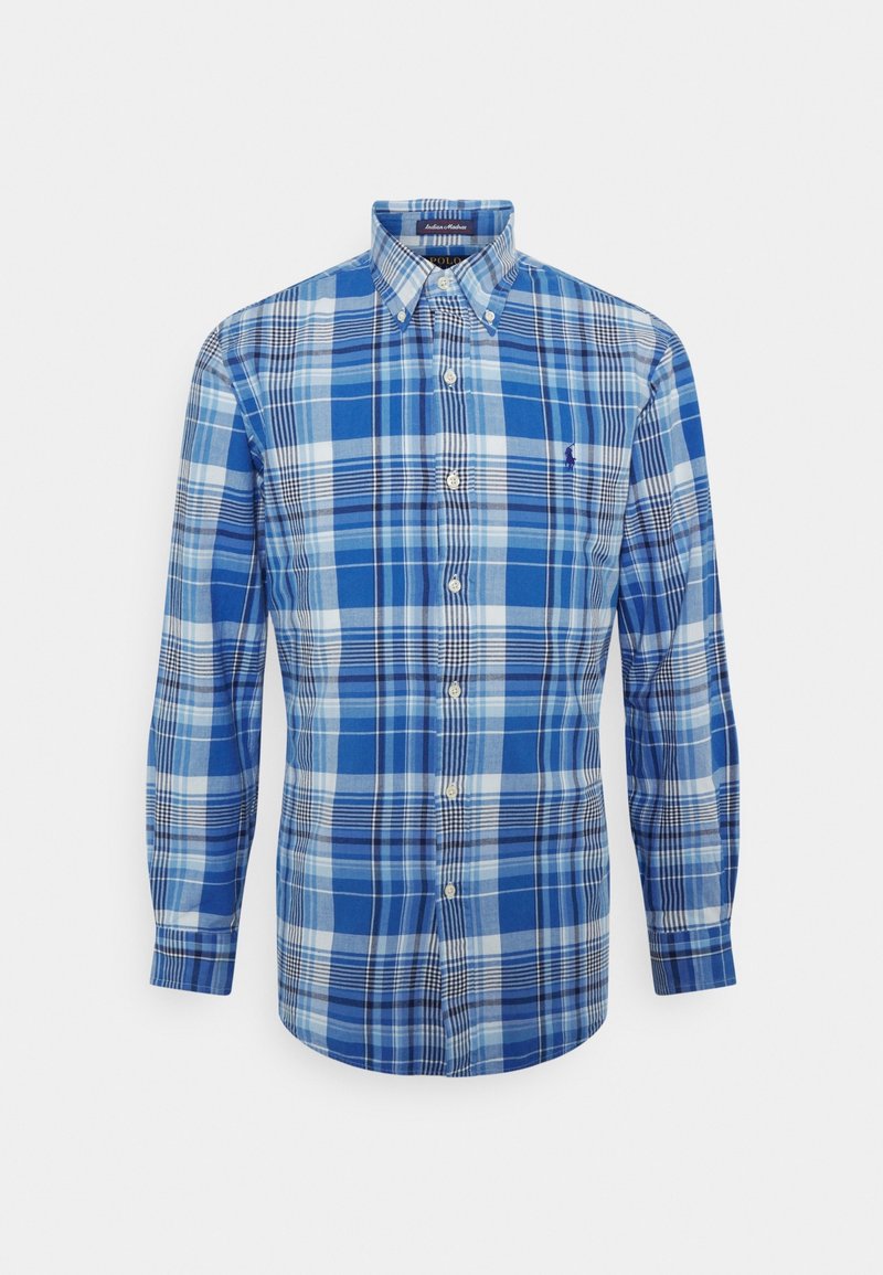 Chemise homme à manches longues avec boutons, motif à carreaux bleu et blanc et col boutonné.