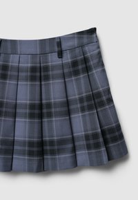 Gonna plissettata a quadri grigi con linee verticali e orizzontali in tonalità di grigio scuro e chiaro. Realizzata in un tessuto dalla superficie liscia.