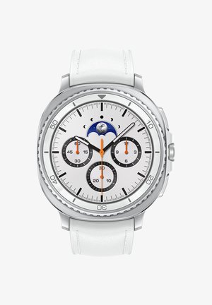 Silver wristwatch with a white leather strap, round face, three subdials, orange hands, moon phase detail, silver markers on a white dial.