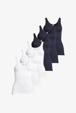 Six débardeurs sans manches, trois blancs et trois noirs, disposés en alternance, présentés sur un fond blanc.