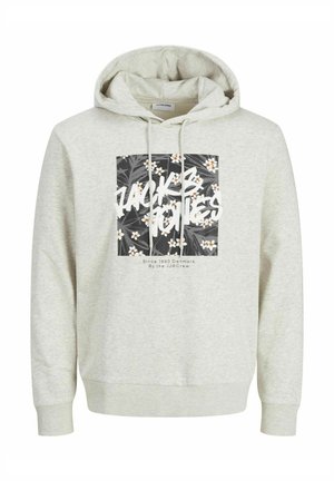 Felpa grigia chiara realizzata in misto cotone, con una grande stampa grafica decorata con fiori e testo in grassetto. Include una tasca frontale e un cappuccio regolabile con cordino.