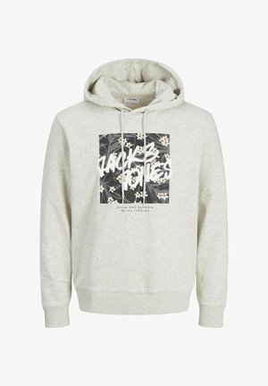 Felpa grigia chiara realizzata in misto cotone, con una grande stampa grafica decorata con fiori e testo in grassetto. Include una tasca frontale e un cappuccio regolabile con cordino.