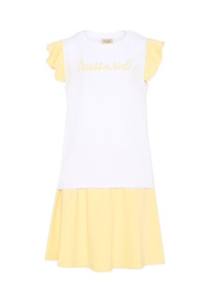 Vestito bianco e giallo a maniche corte con volant sulle maniche e logo "trussardi" in scritta gialla sul petto.