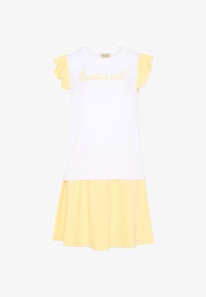 Vestito bianco e giallo a maniche corte con volant sulle maniche e logo "trussardi" in scritta gialla sul petto.