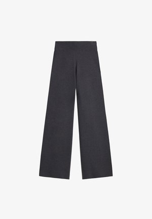 Wide-leg pants in dark gray fabric, featuring an elastic waistband and a smooth texture. Simple design with no visible hardware or patterns.