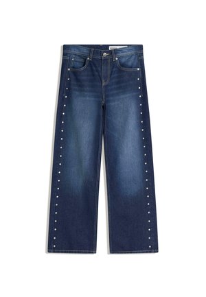 Wide-leg dark denim jeans with a light wash, featuring silver studs along the outer seams and a classic five-pocket design.