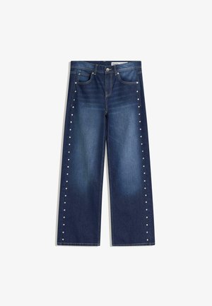 Wide-leg dark denim jeans with a light wash, featuring silver studs along the outer seams and a classic five-pocket design.