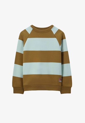 Brown and light blue striped sweatshirt with a round neckline, ribbed cuffs, and hem. Material appears soft and textured. Small logo label present.