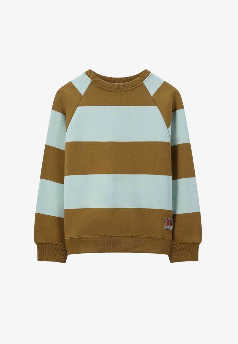 Sweatshirt rayé marron et bleu clair avec un col rond, des poignets et un ourlet côtelés. Le tissu semble doux et texturé. Petite étiquette de logo présente.