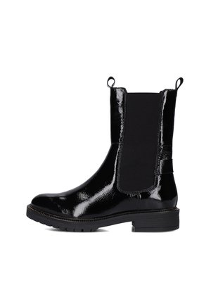Black ankle boot featuring a glossy patent finish, elastic side panels, pull tabs, and a low block heel, designed for easy on/off wear.