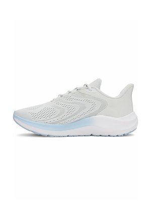 Light gray athletic shoe featuring a mesh upper, textured design, white and light blue accents, and a cushioned sole for comfort.