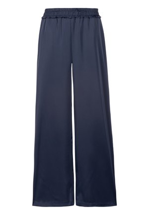 Navy blue wide-leg satin pants with elastic waistband, smooth texture, and relaxed fit, suitable for casual or formal wear.