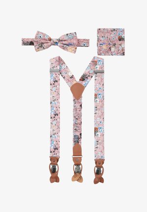 Floral-patterned suspenders and bow tie set in pastel pink with brown leather accents; includes coordinating pocket square.
