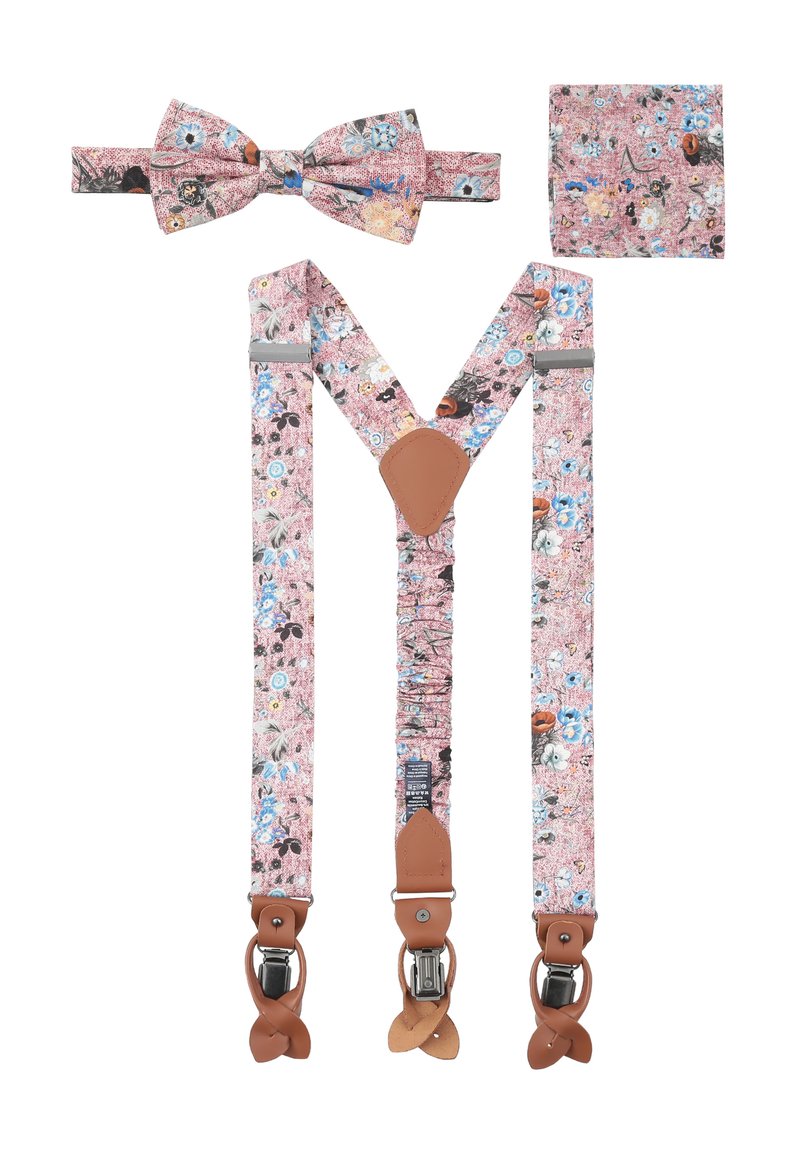 Floral gemusterte Hosenträger und Fliege Set in Pastellrosa mit braunen Lederakzenten; inklusive passendem Einstecktuch.