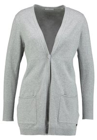 Ljusgrå, långärmad stickad cardigan med V-hals, en mittknapp, två framfickor samt ribbade ärmslut och nederkant.