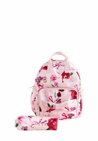Zaino rosa con motivo floreale e logo dorato "BAKER", dotato di tasca frontale, spallacci regolabili e astuccio coordinato.
