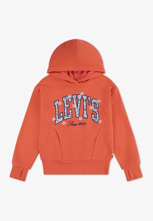 Oranje hoodie met een voorkantgrafiek van "LEVI'S" en bloemmotieven, gemaakt van zachte stof met een losse pasvorm en een kangoeroezak.